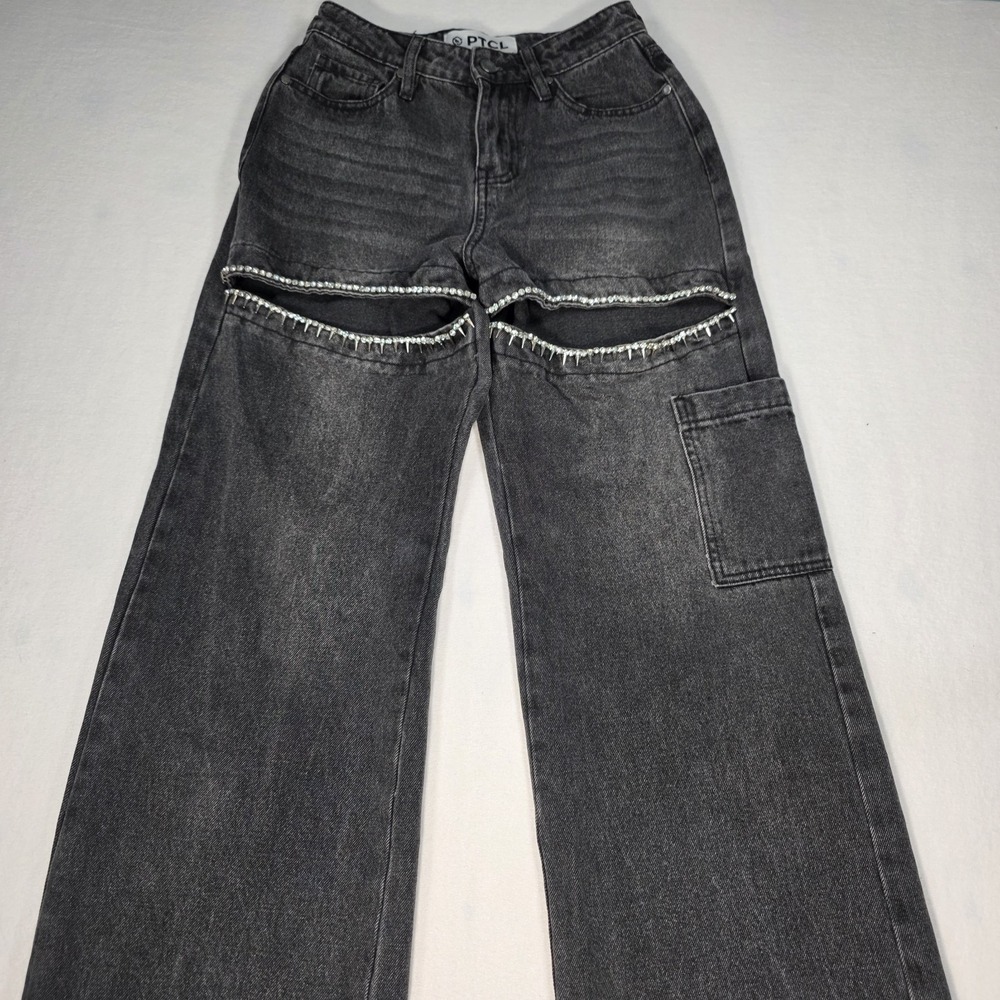 PTCL Rhinestone Slit Cut Outs Straight Leg Relaxed-fit Streetwear Jeans Size 25‎